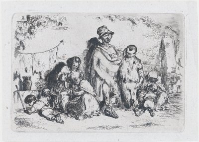 Plaat 2: een groep mensen op straat, mogelijk bedelaars, uit de serie van gebruiken en..., 1850 door Francisco Lameyer Berenguer
