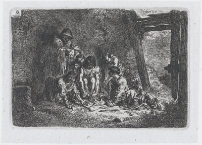 Plaat 8: een groep figuren waarvan sommigen een spel spelen, uit de serie gewoonten en..., 1850 door Francisco Lameyer Berenguer