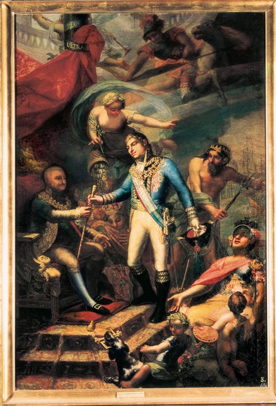 Karel IV van Spanje benoemt Manuel Godoy tot admiraal van de marine door Francisco Llacer y Valdermont