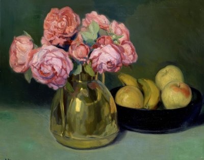 Stilleven met bloemen en fruit door Francisco Llorens Diaz
