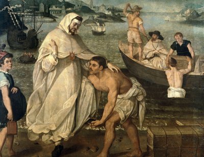 Sint Petrus Nolasque (1189-1256) gaat aan boord om christelijke gijzelaars te bevrijden die door Moorse piraten als slaven naar Afrika worden verkocht (schilderij) door Francisco Pacheco