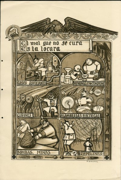 Illustratie door Francisco Sancha Lengo (1874-1936) - Vliegend blad, circa 1915 - El mal que no se cura es la locura - Oorlog van 14-18, Duitsland Pruisen, Verstikkend gas, Spaanse taal, Buitenlandse pers door Francisco Sancha y Lengo