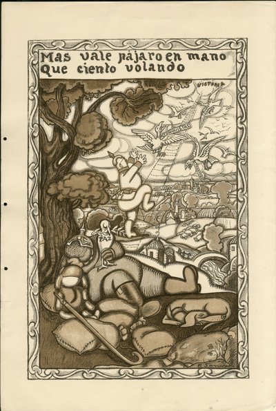 Illustratie van Francisco Sancha Lengo (1874-1936) - Vliegend blad, ca. 1915 - Mas vale pajaro en mano que ciento volando - Oorlog van 14 -18, Duitsland Pruisen, Belligeranten en symbolen, Overwinning, Vrede, Spaanse taal, Buitenlandse pers door Francisco Sancha y Lengo