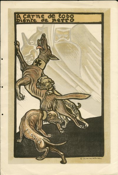 Illustratie van Francisco Sancha Lengo (1874-1936) - Vliegend blad, circa 1915 - A carne de lobo diente de perro - Oorlog van 14 -18, Duitsland Pruisen, Engeland Groot-Brittannië, Belligeranten en symbolen, Frankrijk, Spaanse taal, Buitenlandse pers - Wilh door Francisco Sancha y Lengo