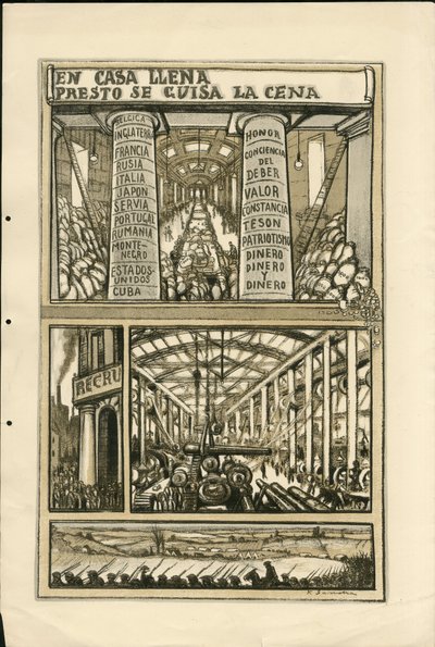 Illustratie van Francisco Sancha Lengo - Vliegend blad, circa 1915 - En casa llena presto se guisa la cena - Oorlog van 14-18, Kanonnen, granaten, Industriële fabrieken, Spaanse taal, Mobilisatie, Buitenlandse pers door Francisco Sancha y Lengo
