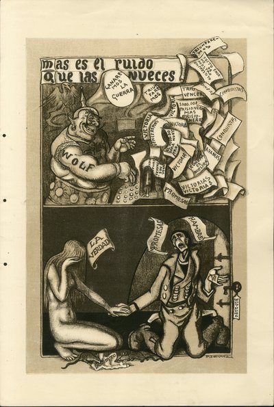 Illustratie van Francisco Sancha Lengo (1874-1936) - Vliegend blad, circa 1915 - Oorlog van 14 -18, Wolff Agentschap, Spaanse taal, Buitenlandse pers door Francisco Sancha y Lengo