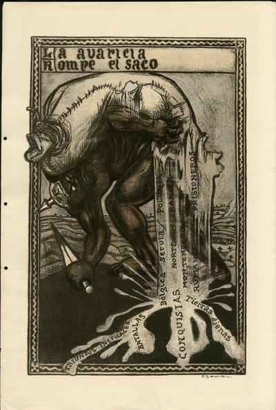 Illustratie van Francisco Sancha Lengo (1874-1936) - Vliegend blad, circa 1915 - Oorlog van 14-18, Duitsland Pruisen, Zilver, Strijders en symbolen, Spaanse taal, Buitenlandse pers door Francisco Sancha y Lengo