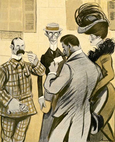 Twee Engelsen vragen onhandig een glamoureus Frans stel om de weg in slecht Frans, 1903 door Francisco Sancha y Lengo