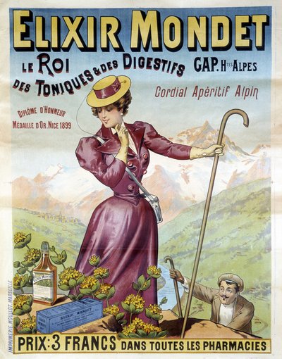 Reclameposter van 1900 voor de Elixir Mondet "de koning van tonics en digestieven, hartelijke aperitief alpine" door Francisco Tamagno