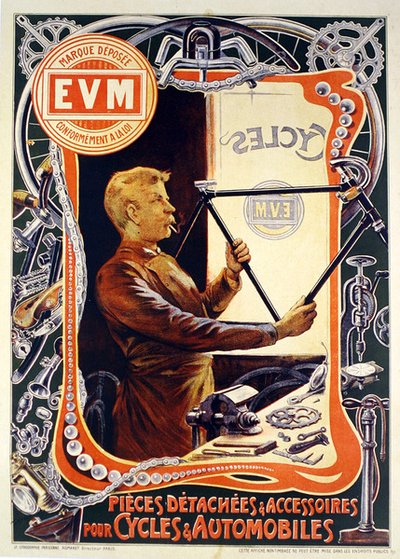 Poster voor E.V.M. fietsonderdelen door Francisco Tamagno