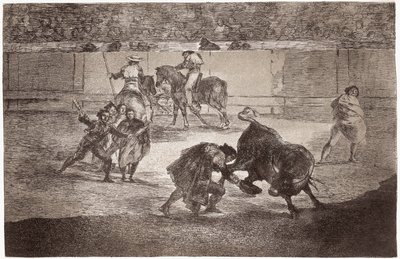 Stierenvechten: een stierenvechter betreedt de arena om de stier te doden met een hoed in plaats van de muleta door Francisco de Goya