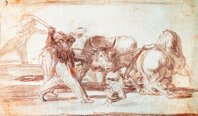 Stierenvechten: de Moren die in Spanje woonden, negeerden de bijgeloven van de Koran en namen deze jachtkunst over door speren in de open lucht te werpen door Francisco de Goya