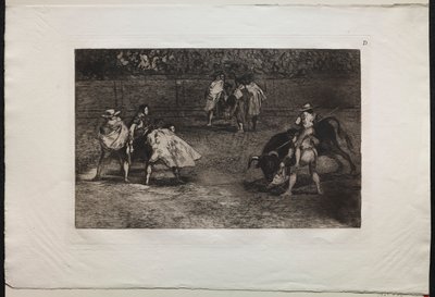 Stierengevechten: Een stierenvechter op de schouders van een assistent, die een stier spiest, 1876 door Francisco de Goya