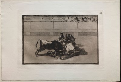 Stierengevechten: Een Picador wordt van zijn paard geworpen en valt onder de stier, 1876 door Francisco de Goya