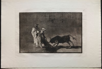 Stierengevechten: De Moren maken een ander spel in de ring en roepen de stier met de burnous door Francisco de Goya