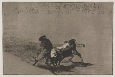 Stierengevechten: De zeer bekwame student van Falces, gewikkeld in zijn cape, bedriegt de stier..., 1876 door Francisco de Goya