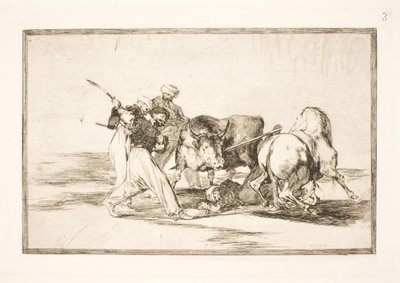 De Moren die zich in Spanje vestigden en het bijgeloof van de Koran opgaven, maakten zich deze kunst eigen om een stier op de vlakte te jagen en te spietsen door Francisco de Goya