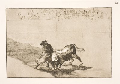 De zeer getalenteerde leerling uit Falces, gehuld in zijn mantel, misleidt de stier met zijn lichaamsbewegingen door Francisco de Goya