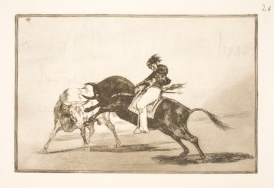 Dezelfde Ceballos, zittend op de rug van een andere stier, breekt korte speren in de arena van Madrid door Francisco de Goya