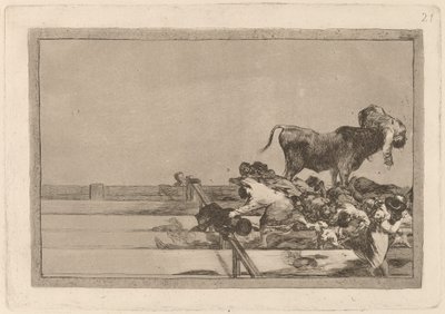 Desgracias acaecidas en el tendido de la plaza de Madrid, y muerte del alcalde de Tor rejon door Francisco de Goya