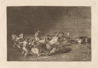 Dos grupos de picadores arrollados de seguida por un solo toro door Francisco de Goya