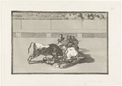Een picador is van zijn paard gestoten en ligt onder de stier door Francisco de Goya