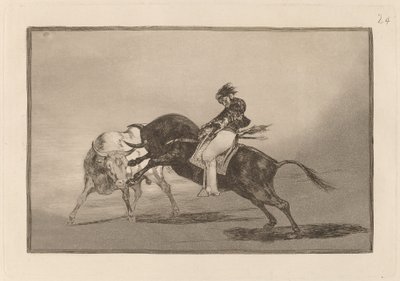 El mismo Ceballos montado sobre otro toro quiebra rejones en la plaza de Madrid door Francisco de Goya