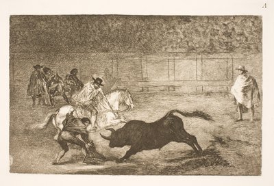 Een Spaanse ruiter breekt korte speren met hulp van zijn secondanten door Francisco de Goya