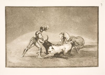 Een Spaanse ruiter doodt de stier nadat hij zijn paard heeft verloren door Francisco de Goya