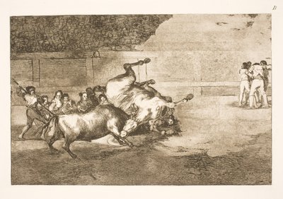 Paard wordt door een stier tegen de grond geslingerd door Francisco de Goya