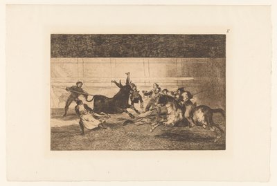 Man gespiest aan de hoorn van een stier door Francisco de Goya