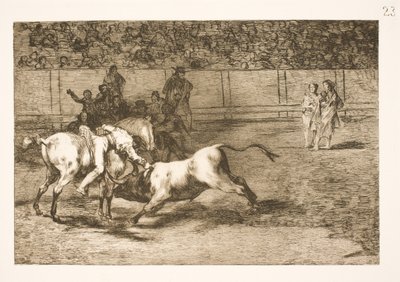 Maria Ceballas, ook wel de indiaan genoemd, doodt de stier vanaf haar paard door Francisco de Goya