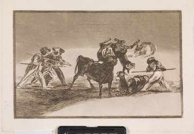 De Moren gebruiken ezels als barrière om zich te verdedigen tegen de stier, wiens hoorns zijn voorzien van ballen door Francisco de Goya