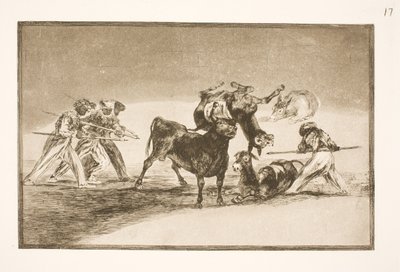De Moren gebruiken ezels als barrière om zich te verdedigen tegen de stier, waarvan de hoorns zijn voorzien van ballen door Francisco de Goya