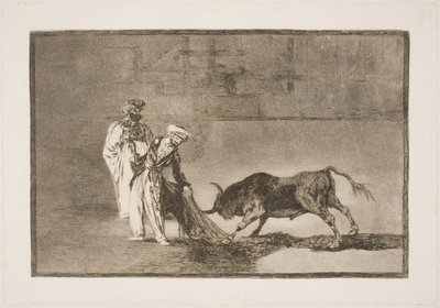 Moren in de arena proberen de stier aan te trekken met hun burnus door Francisco de Goya