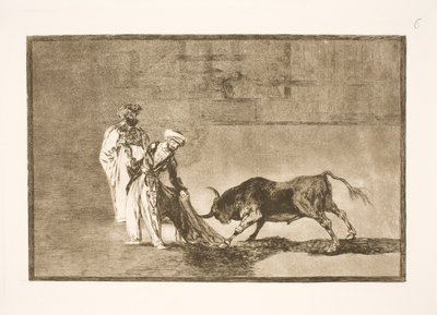 De Moren voeren een andere truc uit in de arena en lokken de stieren met hun burnussen door Francisco de Goya