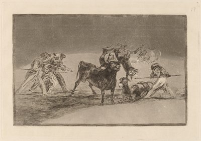 De Moren Gebruiken Ezel als Barrière om Zich te Verdedigen tegen de Stier met Gebolde Hoorns door Francisco de Goya