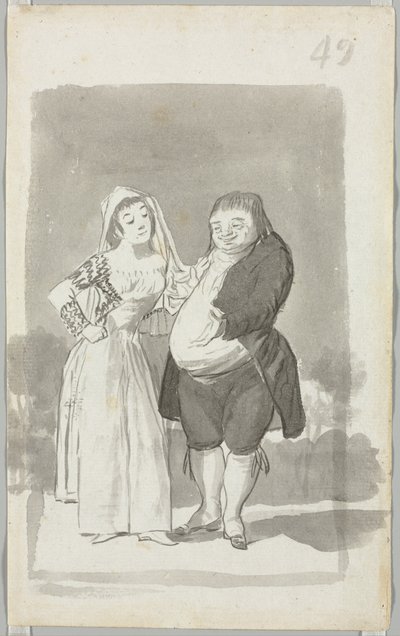 Prostituee die een Dikke, Lelijke Man Verleidt (recto) door Francisco de Goya