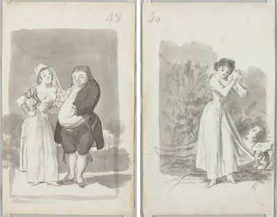 Prostituee die een Dikke, Lelijke Man Verleidt (recto); Jonge Vrouw die Haar Handen Wringt boven het Naakte Lichaam van een Man (verso) door Francisco de Goya