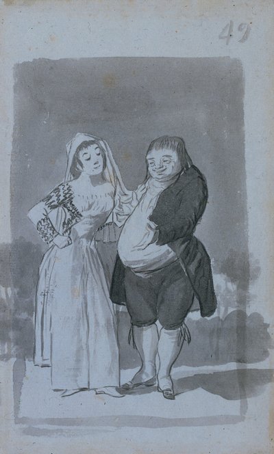 Prostituee die een dikke, lelijke man verleidt, recto, 1796-97 door Francisco de Goya