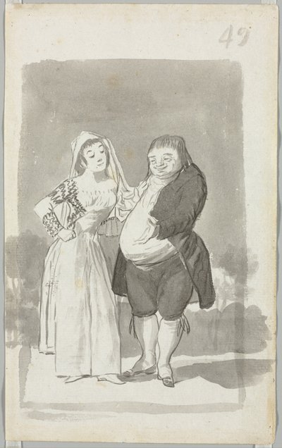 Prostituee die een dikke, lelijke man verleidt recto, jonge vrouw die haar handen wringt...verso, 1796-97 door Francisco de Goya