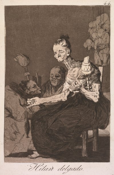 De Caprices: Ze spinnen fijn Los Caprichos: Hilan Delgado, 1799 door Francisco de Goya