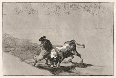 De slimme student van Falces maakt de stier boos door rond te bewegen gewikkeld in zijn mantel, 1814-16 door Francisco de Goya