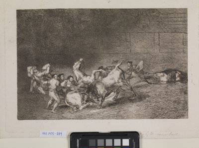 Twee picadors worden een voor een omvergeworpen door een enkele stier door Francisco de Goya