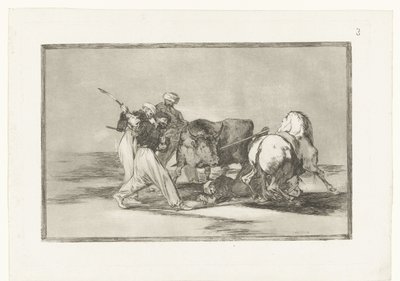 Vier mannen jagen op een stier door Francisco de Goya