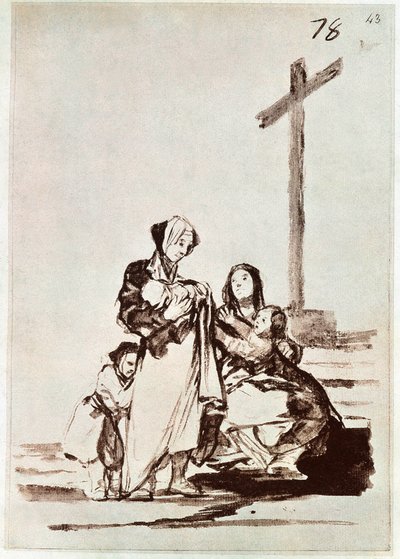 Vrouwen en kinderen bij een kruis (gravure) door Francisco de Goya