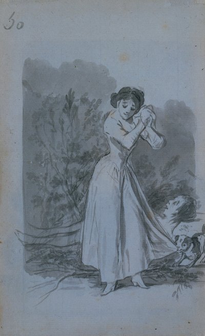 Jonge vrouw wringt haar handen boven het naakte lichaam van een man (verso) door Francisco de Goya