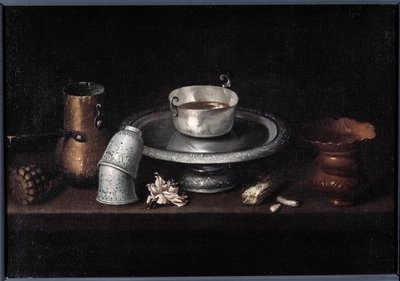 Het stilleven chocoladeontbijt van chocoladekop, kopjes door Francisco de Zurbaran