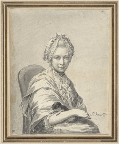Portret van een jonge vrouw met een hondje door Franciscus Xaverius Xavery