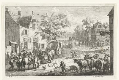 Dorpsgezicht met reizigers en veehandelaren bij herberg door Franciscus de Bargas